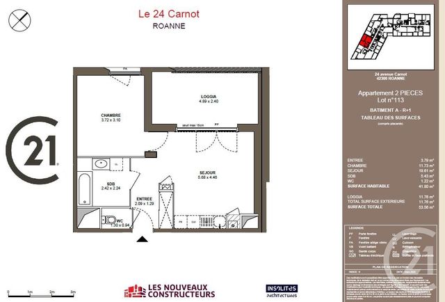 Appartement F2 à vendre - 2 pièces - 42.0 m2 - ROANNE - 42 - RHONE-ALPES - Century 21 Cabinet Pillet